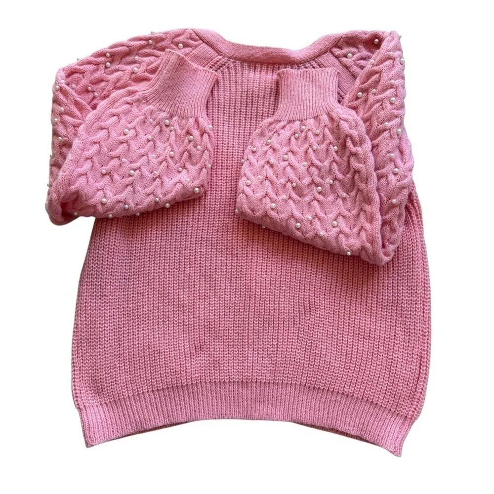 BiBi Women's Pink Pearl Beaded Cardigan Sweater Size L Balloon Sleeve Knit Cozy
